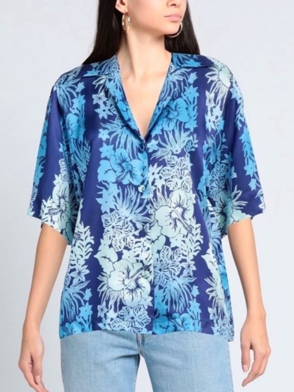 SANDRO Paris Women's Hawaii Print Button Down Short Sleeve Shirt Blue Small